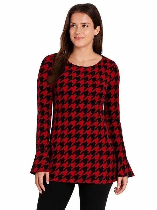 Chaus Tops - Chaus Red Black Houndstooth Bell Sleeve Top Size Small